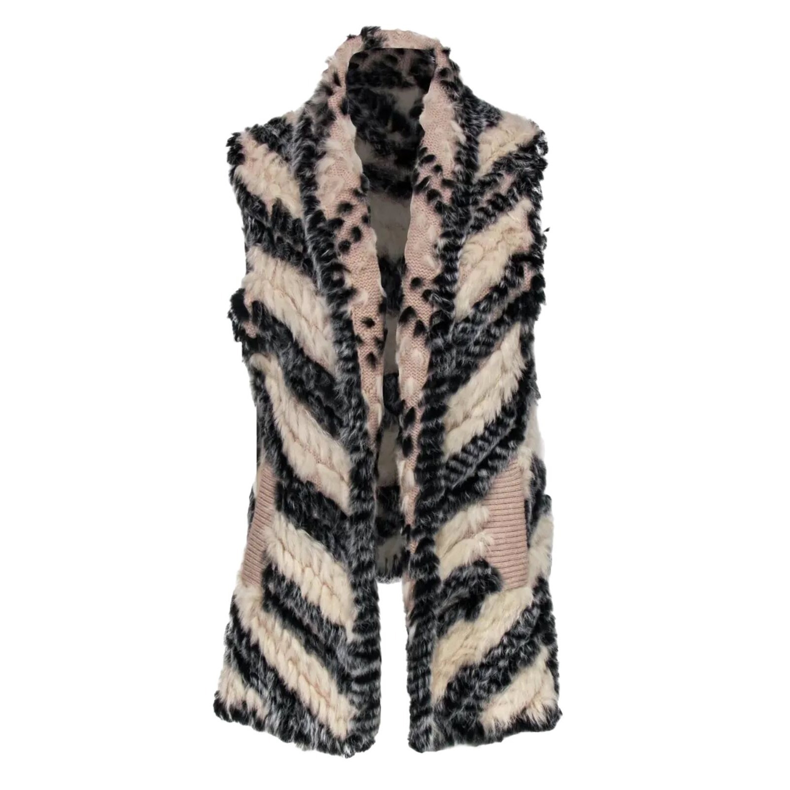 Marc By Marc Jacobs Cream Black Striped Knitted Soft Rabbit Fur Pocket Vest Os